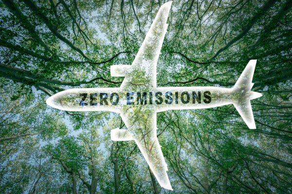 Icon of a commercial airplane with the words 'zero emissions' and a lush forest in the background.