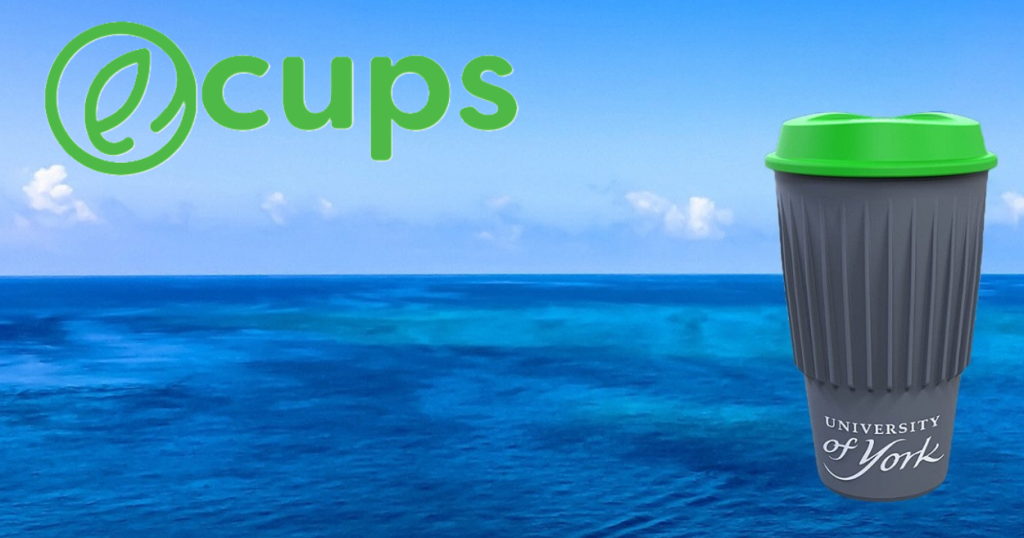 ecups logo and cup with ocean in the background